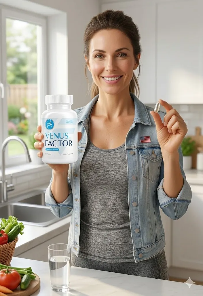 venus factor supplement woman holding capsule healthy lifestyle weight loss support kitchen scene
