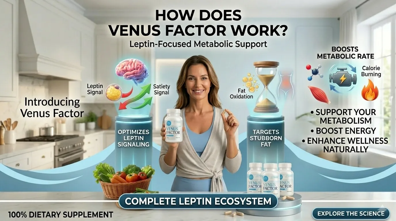 Venus Factor USA metabolic support leptin signaling weight loss infographic kitchen